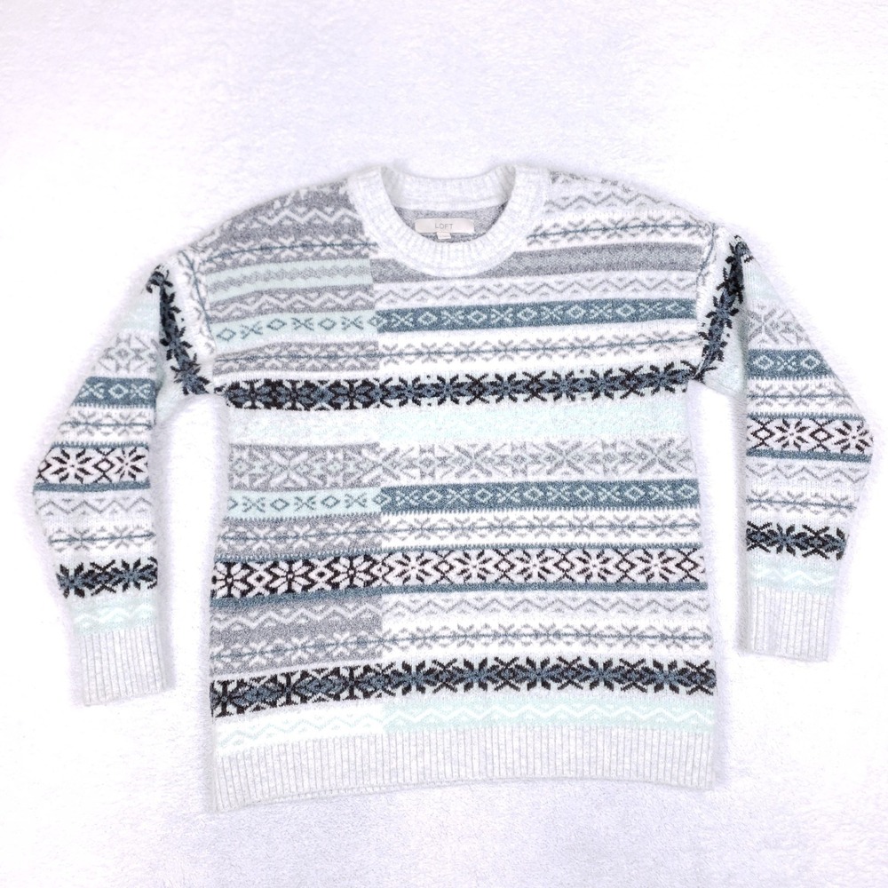 LOFT‎ Fair Isle Crewneck Sweater Size L Grey